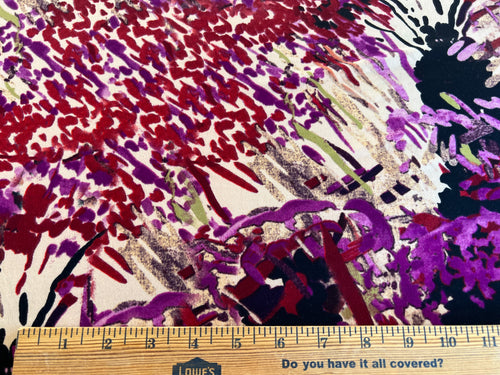 Fabric: Lively Abstract Print with Purple, Fuscia, Black on beige background, Poly-Spandex