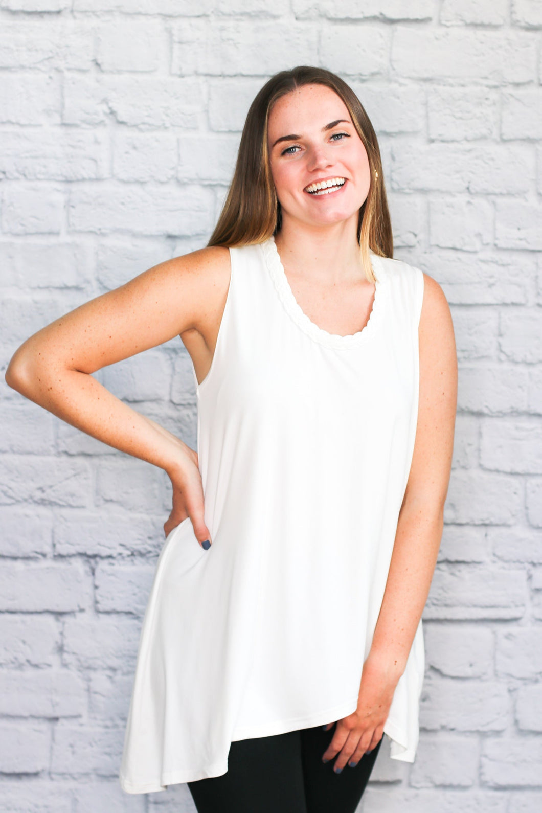 Braided Neck Sleeveless Tunic - White