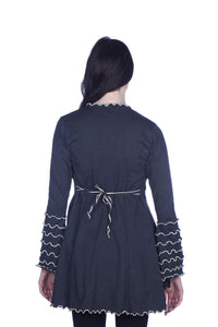 Ruffled Tie Cardigan - Grey/Cream