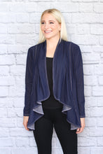 Load image into Gallery viewer, Flouncing Stretch Denim Cardigan - Blue with White Stitching