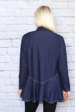 Load image into Gallery viewer, Flouncing Stretch Denim Cardigan - Blue with White Stitching