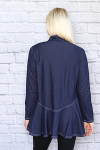 Flouncing Stretch Denim Cardigan - Blue with White Stitching