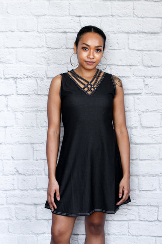Studded Strappy V Denim Dress