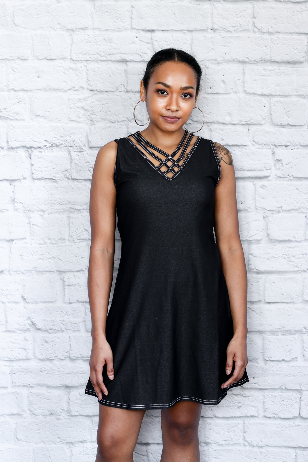 Studded Strappy V Denim Dress