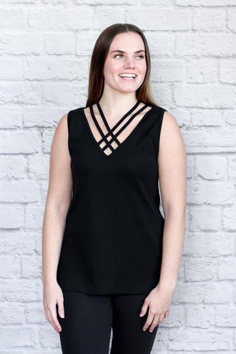 Strappy V Neck Tank Top - Black Rib Knit