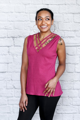 Strappy V Neck Tank Top - Rose Rib Knit