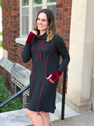 Very Velvet Waffle Funnel Neck Dress - Wine Velvet
