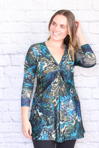 Three-Quarter Sleeve Twist Tunic - Blue Grotto