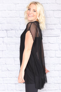 Long Mesh Peplum Top - Black
