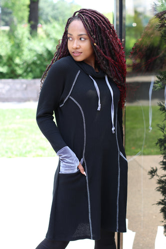 Very Velvet Waffle Funnel Neck Dress - Silver Velvet