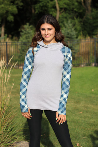 Yoga Hoodie with Brushed Sleeves - Blue Grey Buffalo Plaid