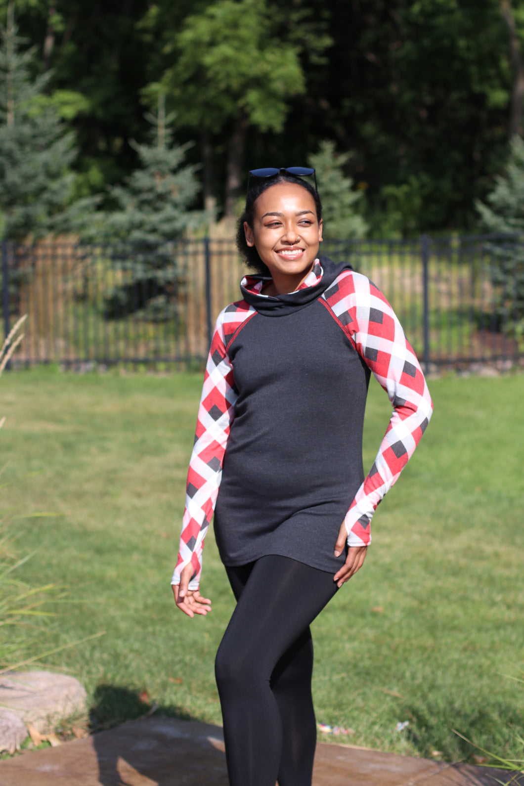 Yoga Hoodie with Brushed Sleeves Red White Buffalo Plaid – Laura