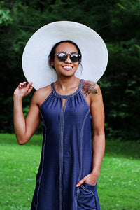 Braided Neck Summer Denim Dress - Blue