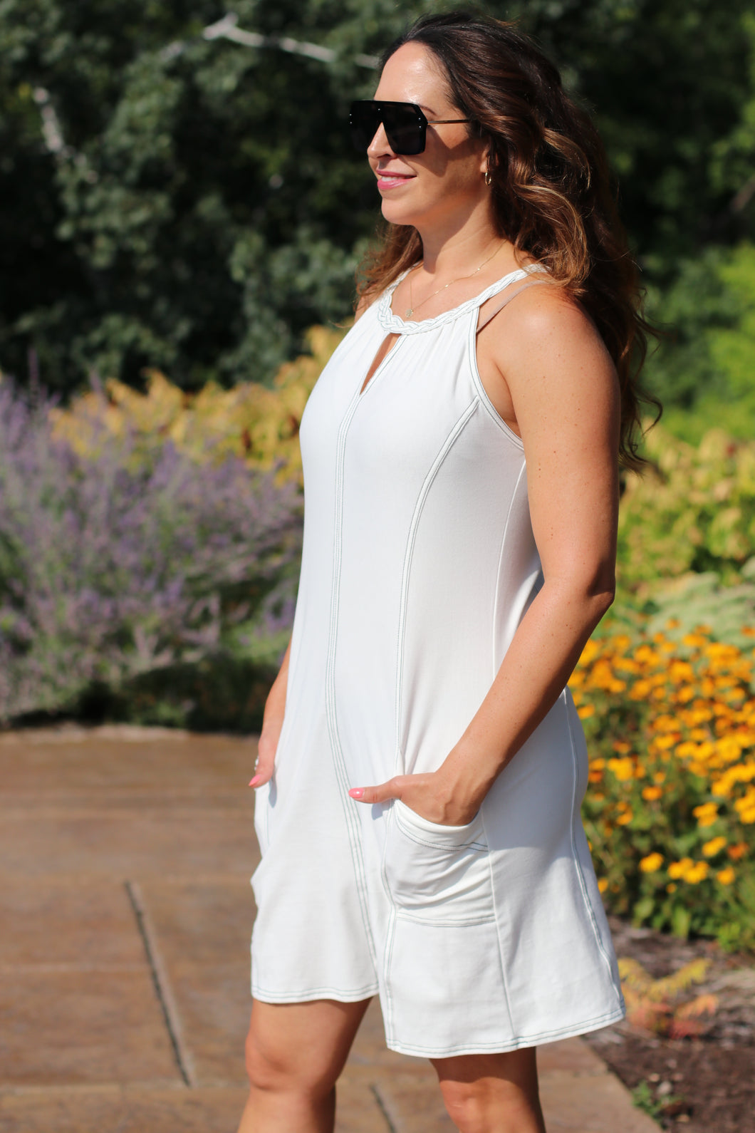 Braided Neck Summer Denim Dress - White