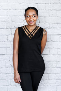 Strappy V Neck Tank Top - Black