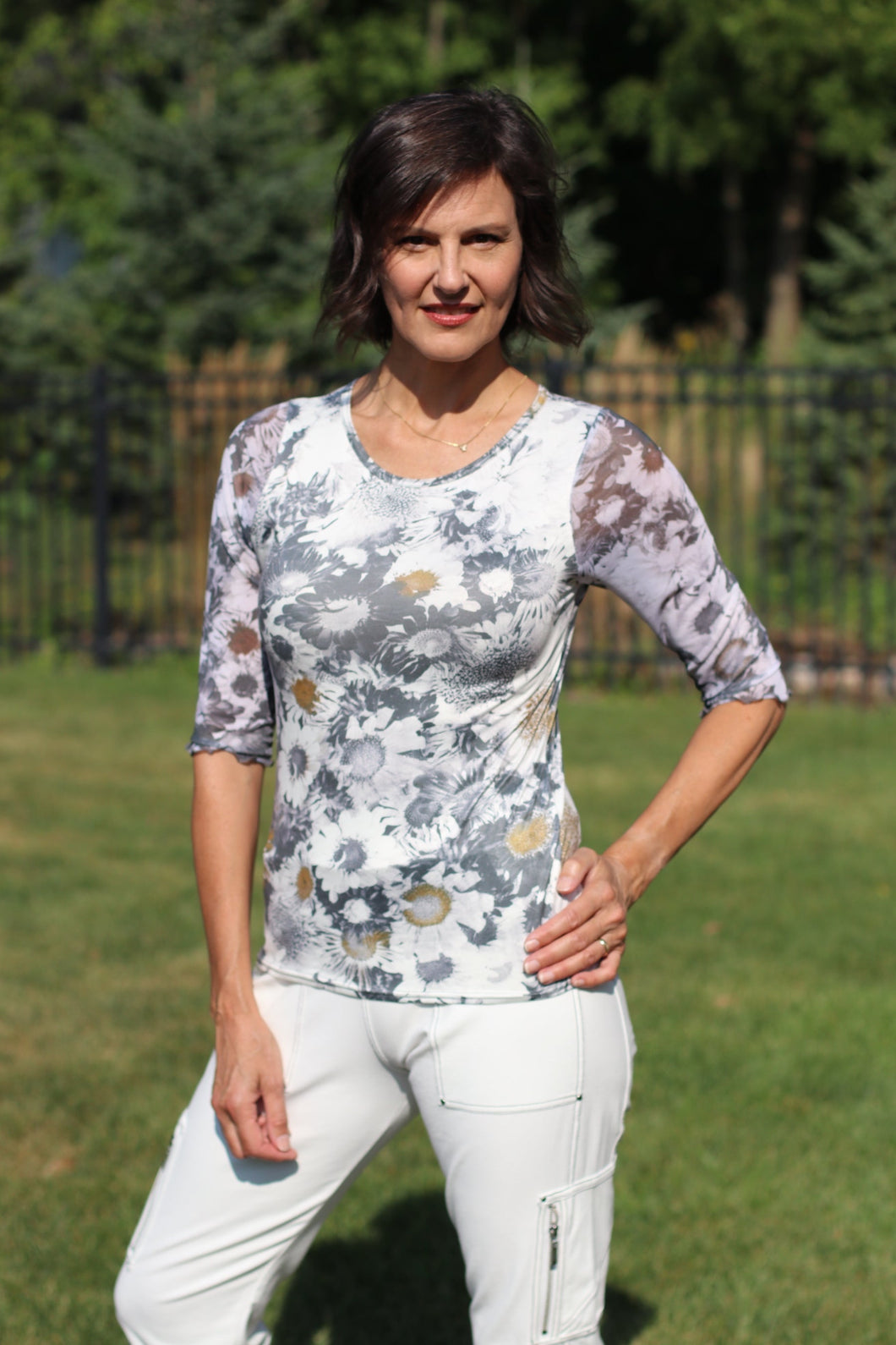 Juliet Top with Mesh Sleeves - Silver Daisy